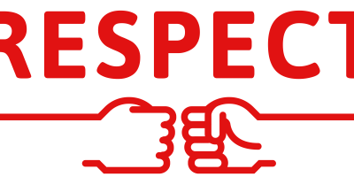 Twee rode vuisten botsen tegen elkaar onder het woord 'respect' , ook in het rood.